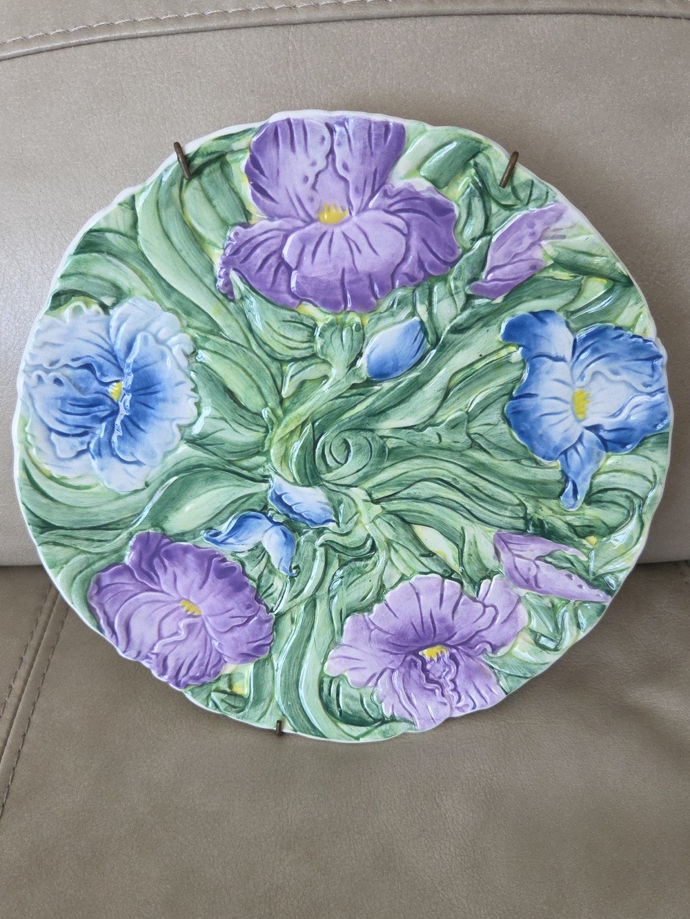 Decorative Majolica Floral Wall Plate Purple Blue Jeannette Adams For Silvestri